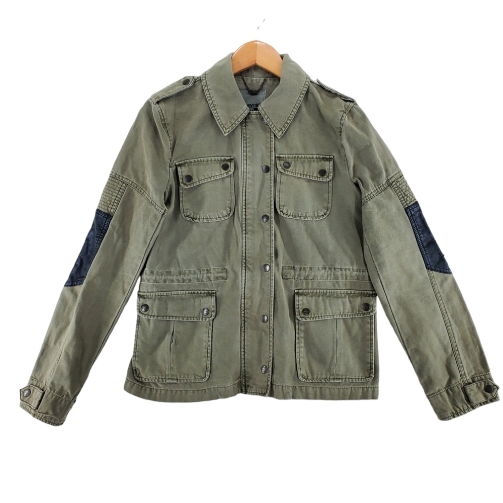 Levis Army Jacket Womens S OD Green Canvas Faux Leather Elbow Patch Zip Snap Up